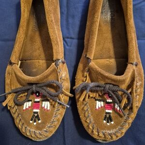 Minnetonka Brown Moccasins with Thunderbird Bead Design